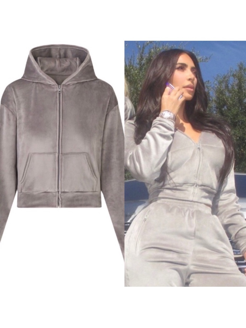 SKIMS Velour Hoodie Zip Up Jacket in Smoke Large L NEW NWT